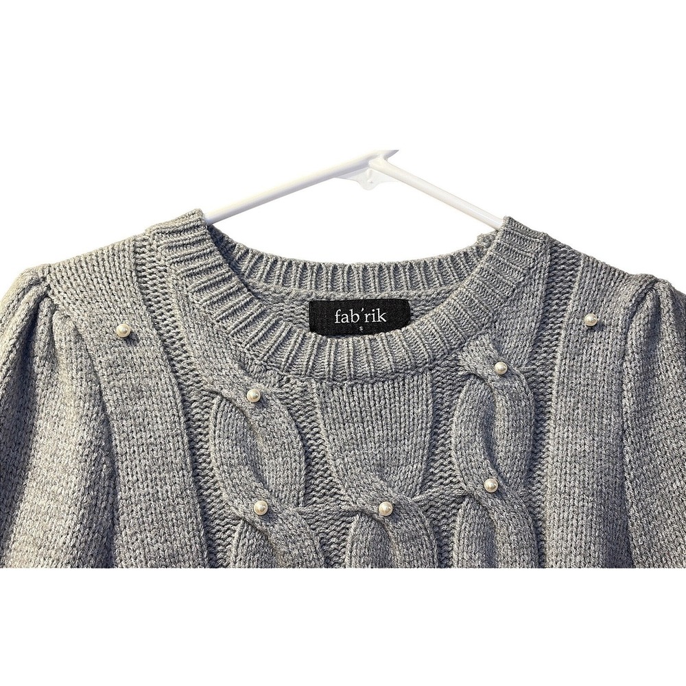 Chunky CableKnit Crewneck Sweater Pearl Puff Sleeve Gray Old Money|Quiet Luxury - Picture 3 of 9